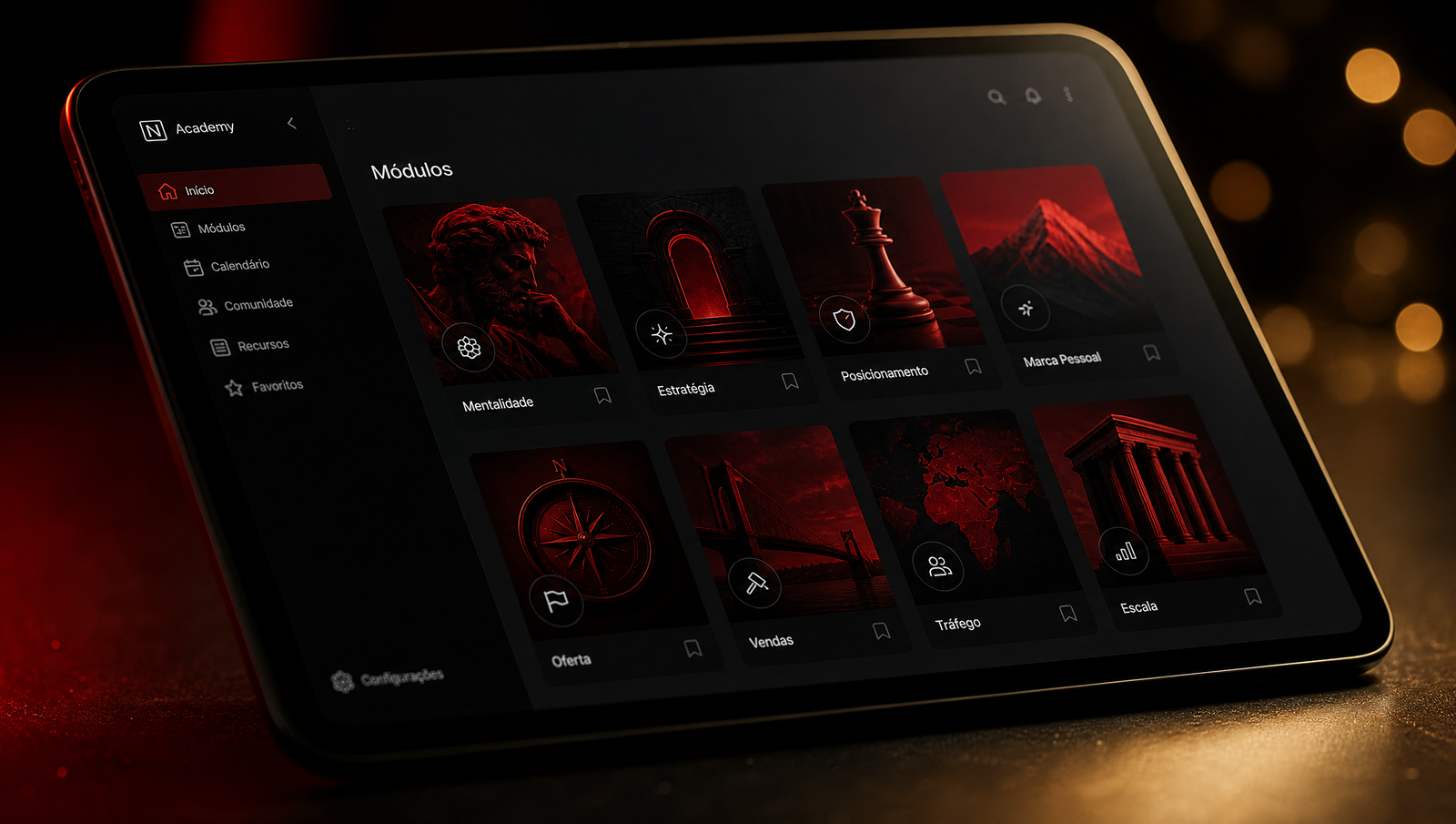 Close no padrão visual do Cérebro Contábil: capas dos módulos, ícones e navegação num tablet